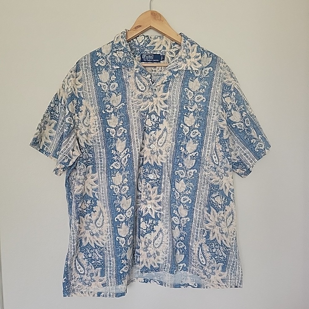 Vtg Polo Ralph Lauren Andy Camp Shirt Mens L Blue Floral Paisley Hawaiian READ